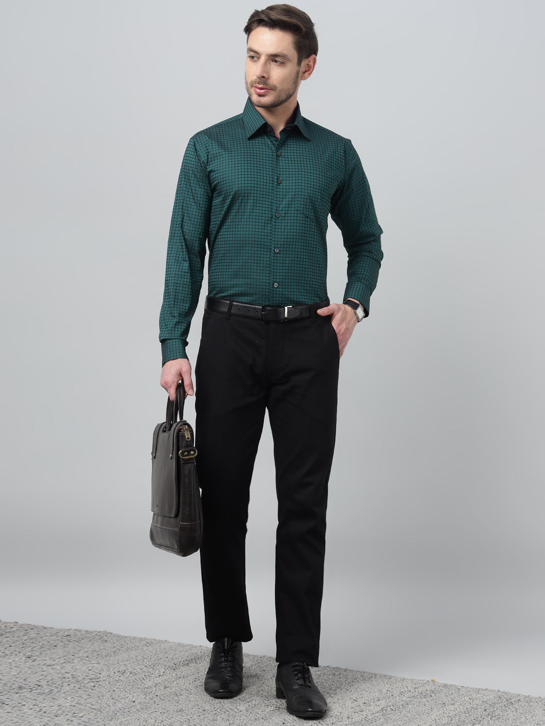Hancock Men Turquoise Blue Check Spread Collar Slim Fit Party Shirt