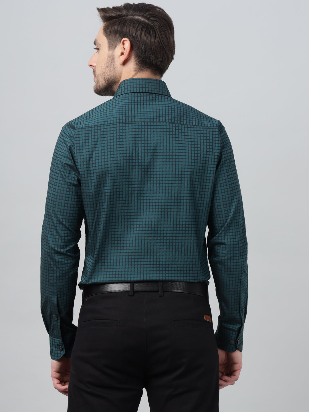 Hancock Men Turquoise Blue Check Spread Collar Slim Fit Party Shirt