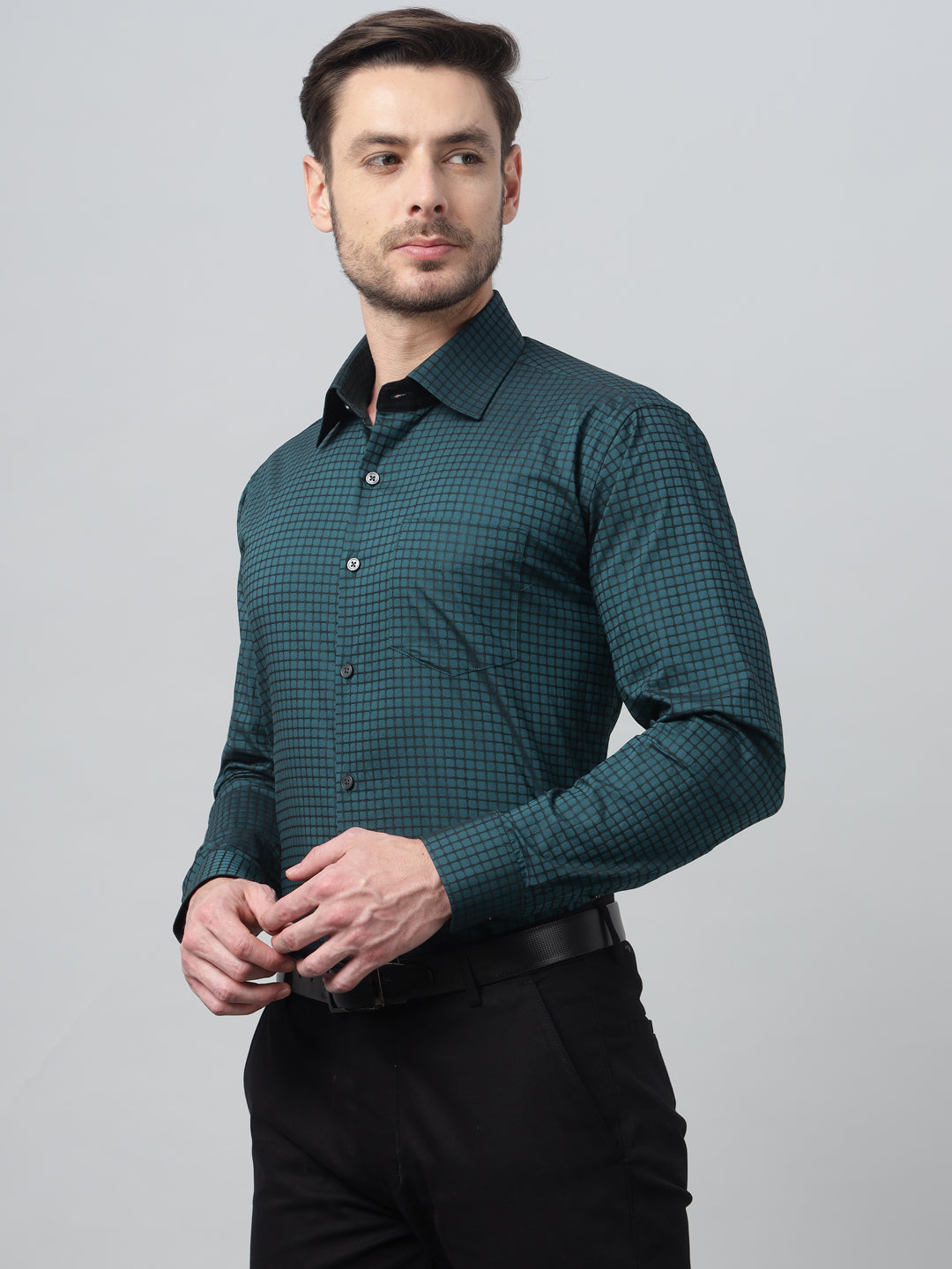 Hancock Men Turquoise Blue Check Spread Collar Slim Fit Party Shirt