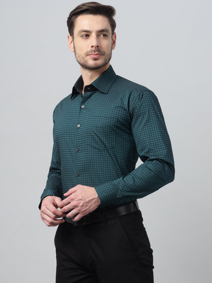 Hancock Men Turquoise Blue Check Spread Collar Slim Fit Party Shirt