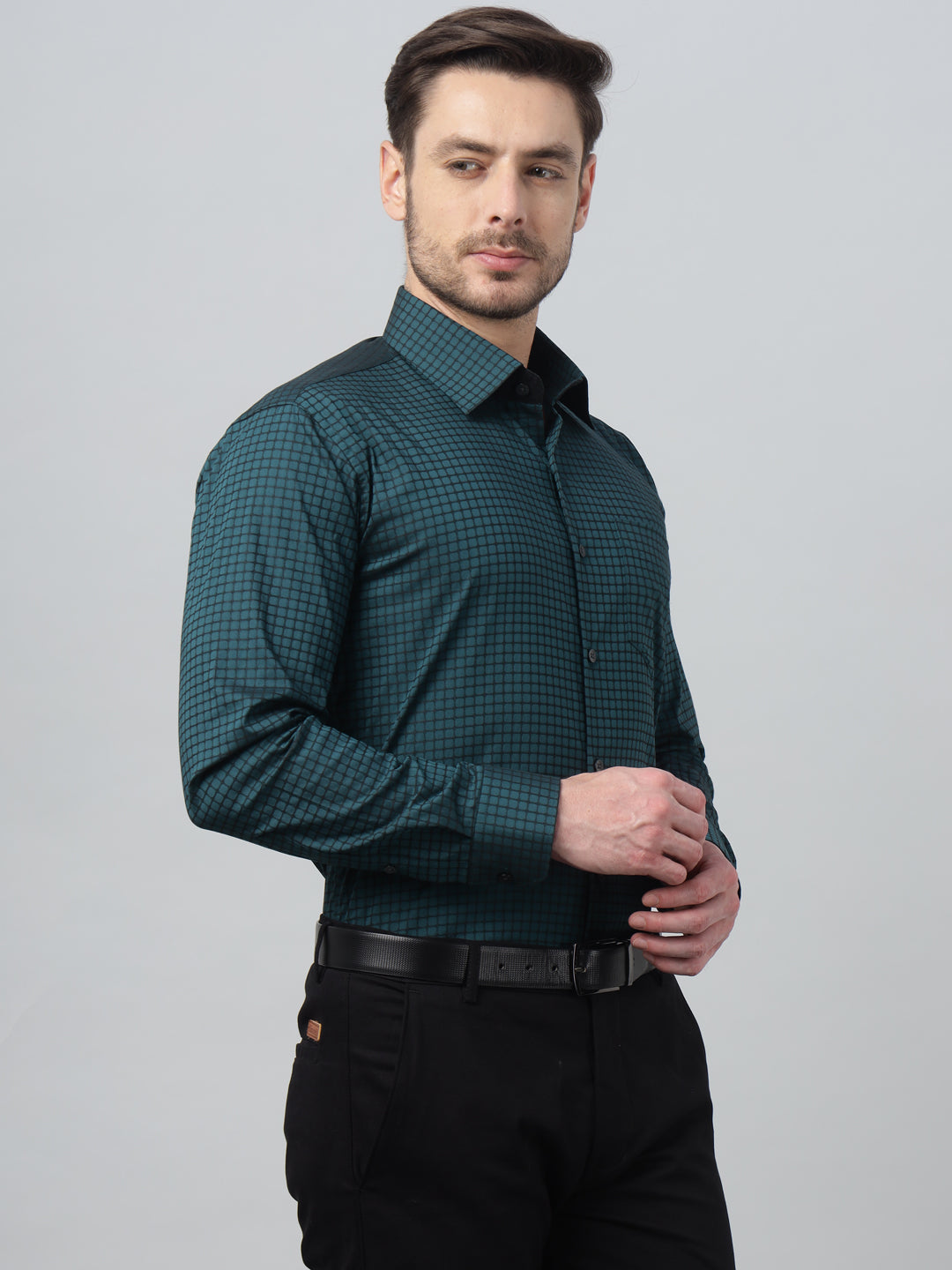 Hancock Men Turquoise Blue Check Spread Collar Slim Fit Party Shirt