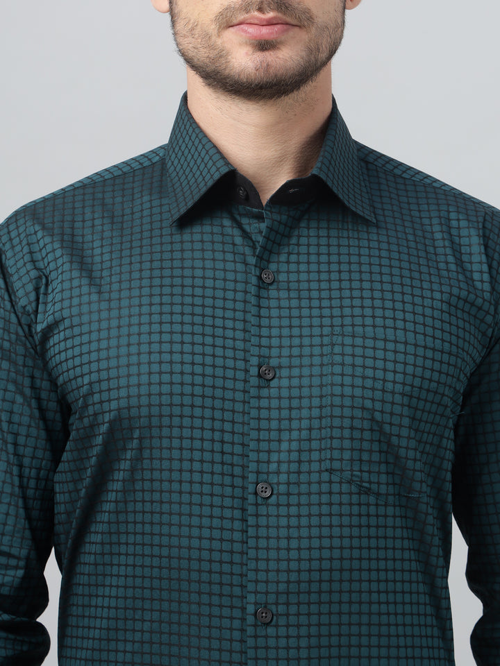 Hancock Men Turquoise Blue Check Spread Collar Slim Fit Party Shirt