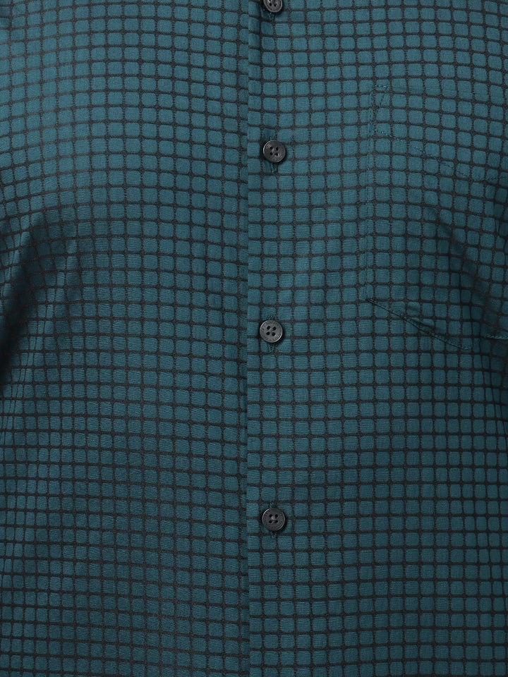 Hancock Men Turquoise Blue Check Spread Collar Slim Fit Party Shirt