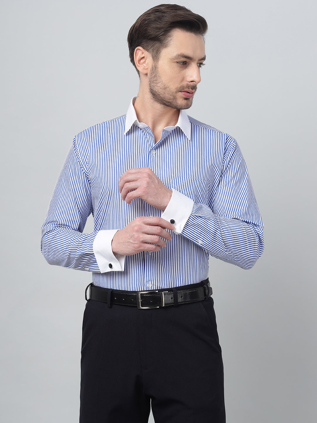 Hancock Men White & Blue Stripe Spread Collar Slim Fit Formal Shirt
