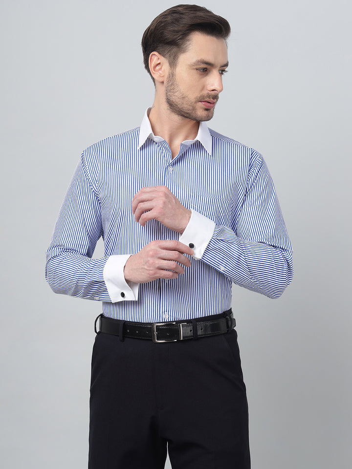 Hancock Men White & Blue Stripe Spread Collar Slim Fit Formal Shirt