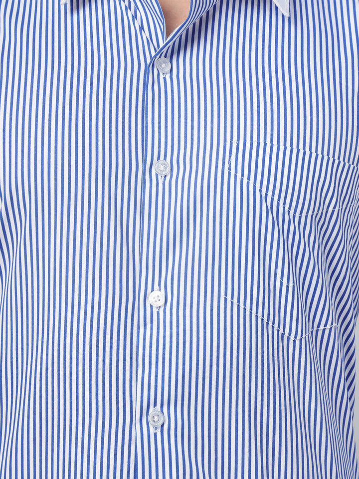 Hancock Men White & Blue Stripe Spread Collar Slim Fit Formal Shirt