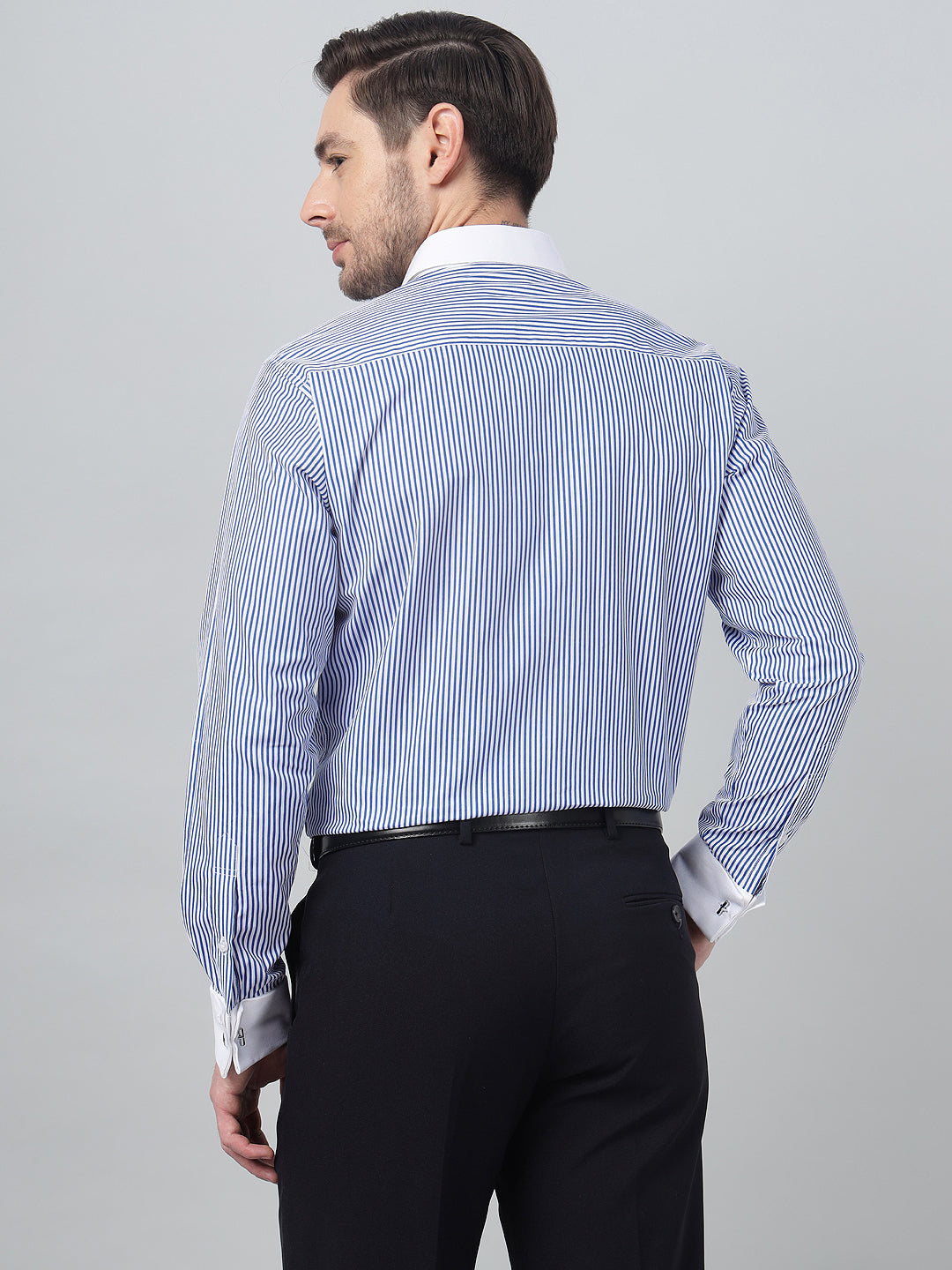 Hancock Men White & Blue Stripe Spread Collar Slim Fit Formal Shirt