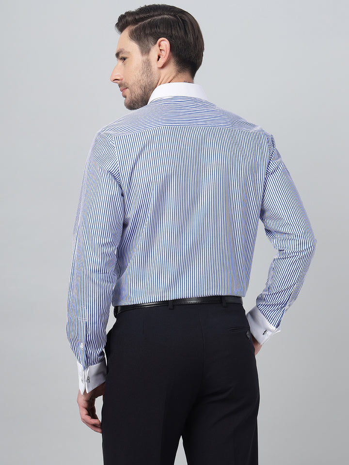 Hancock Men White & Blue Stripe Spread Collar Slim Fit Formal Shirt