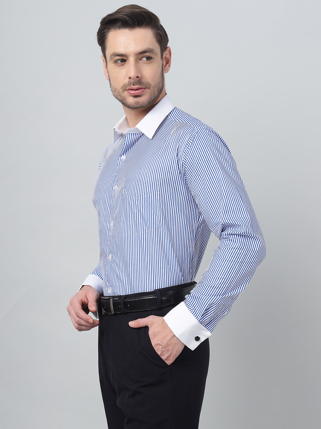 Hancock Men White & Blue Stripe Spread Collar Slim Fit Formal Shirt