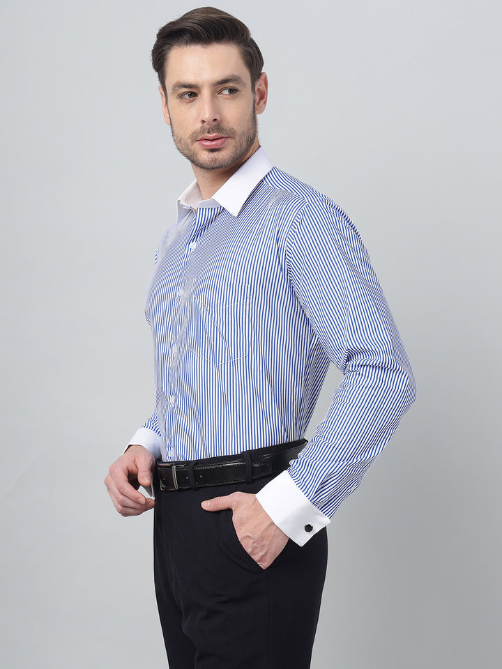 Hancock Men White & Blue Stripe Spread Collar Slim Fit Formal Shirt