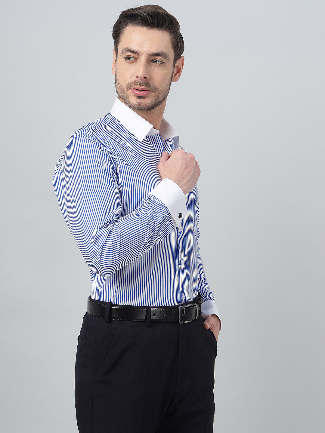 Hancock Men White & Blue Stripe Spread Collar Slim Fit Formal Shirt