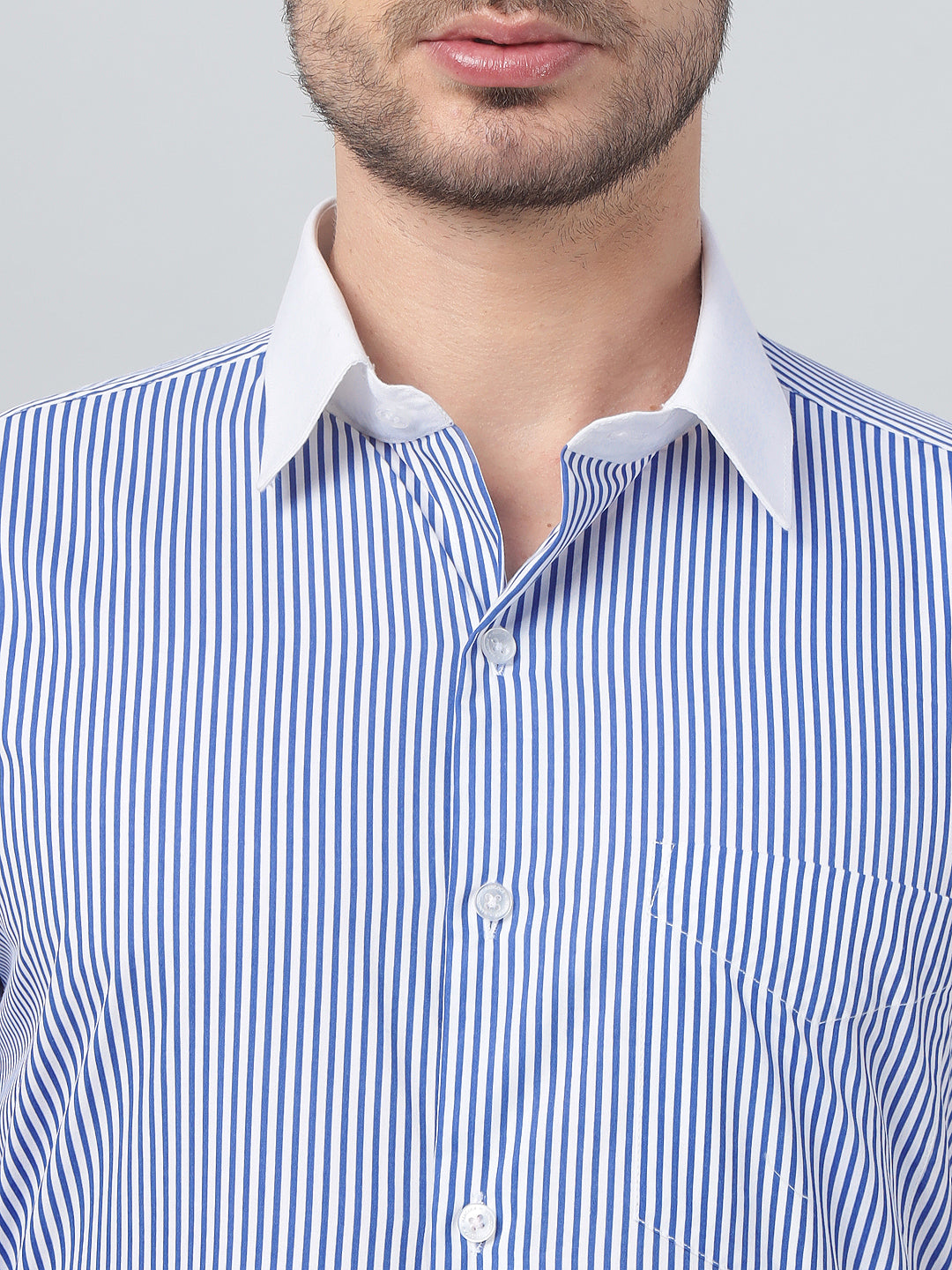 Hancock Men White & Blue Stripe Spread Collar Slim Fit Formal Shirt