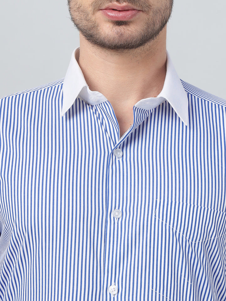 Hancock Men White & Blue Stripe Spread Collar Slim Fit Formal Shirt