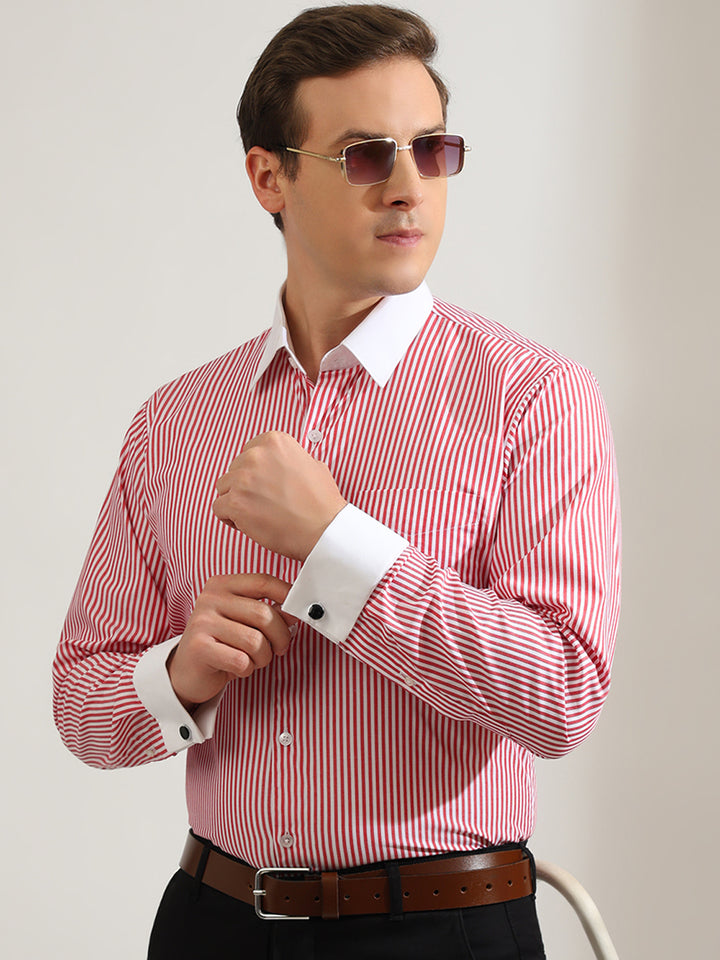 Hancock   Men   White & Red   Stripes   Pure Cotton   Slim Fit   Formal   Shirt