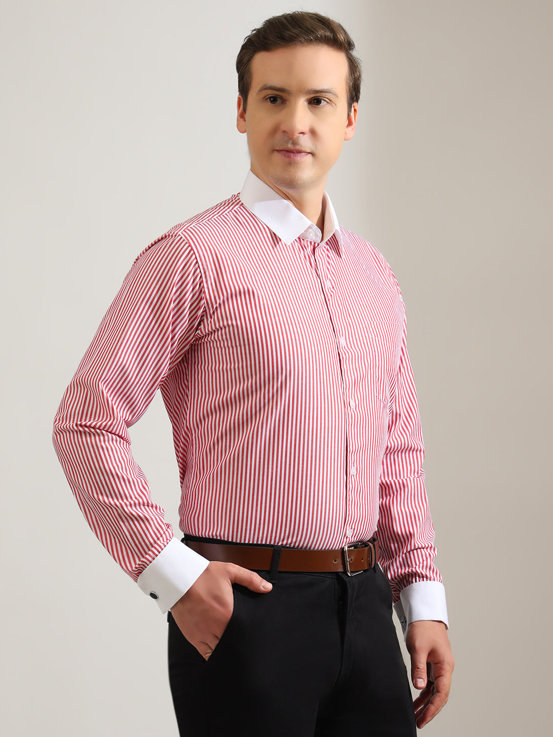Hancock   Men   White & Red   Stripes   Pure Cotton   Slim Fit   Formal   Shirt