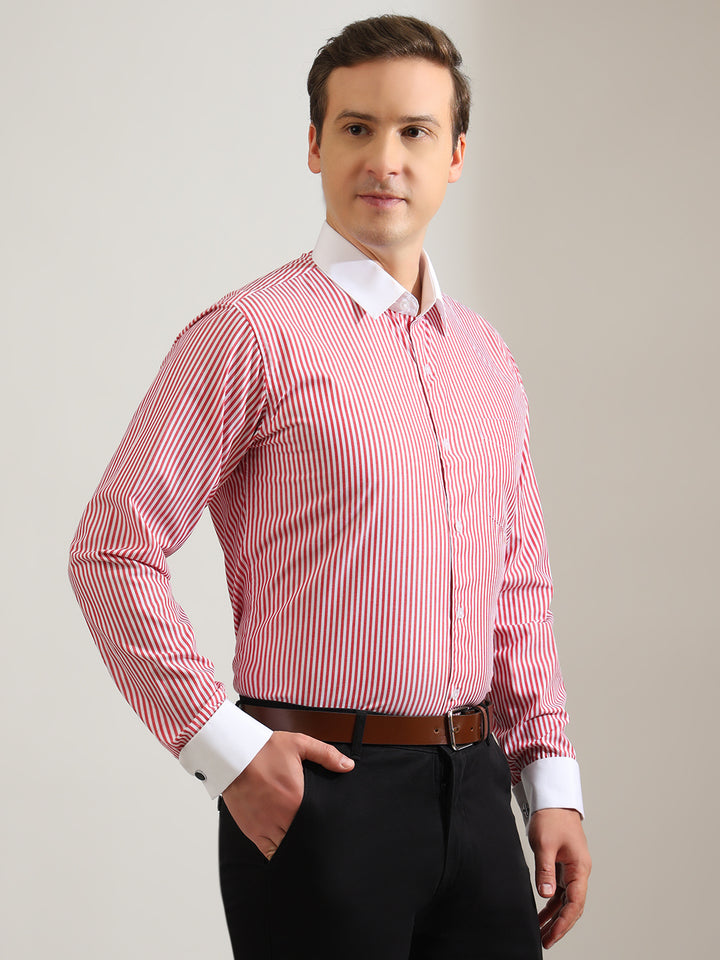 Hancock   Men   White & Red   Stripes   Pure Cotton   Slim Fit   Formal   Shirt