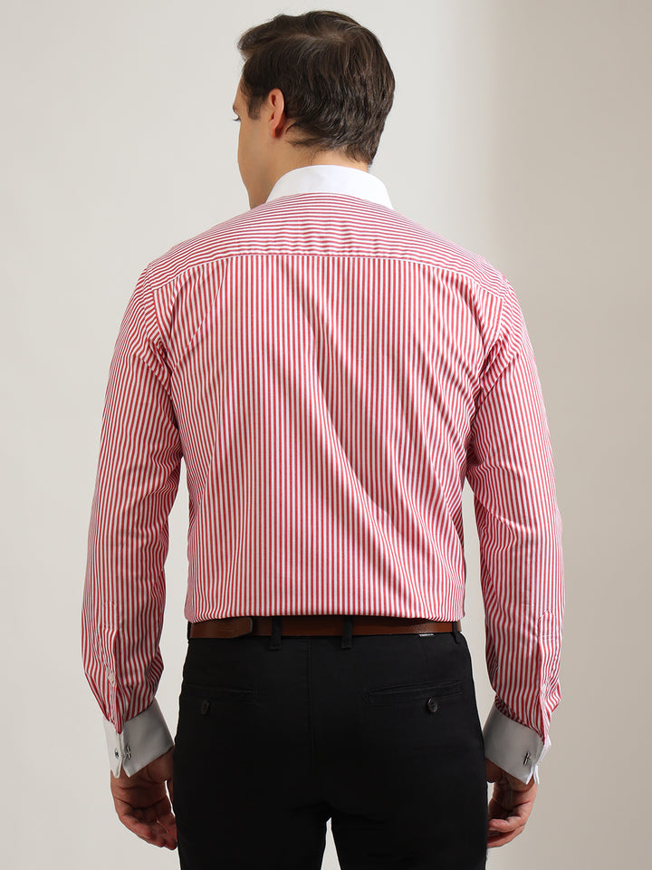 Hancock   Men   White & Red   Stripes   Pure Cotton   Slim Fit   Formal   Shirt