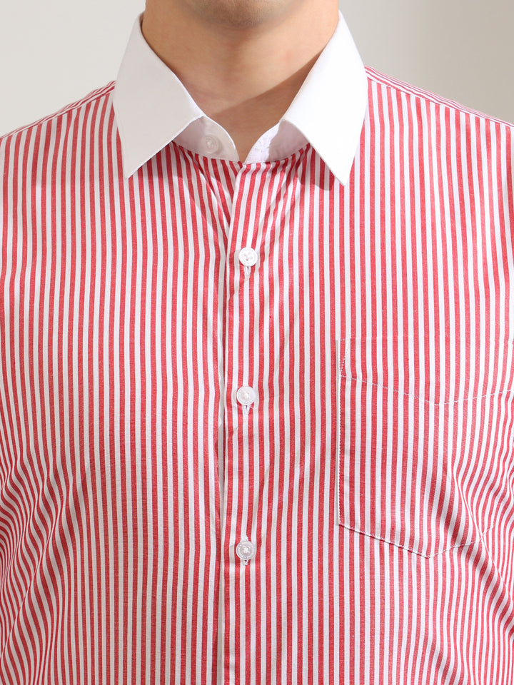 Hancock   Men   White & Red   Stripes   Pure Cotton   Slim Fit   Formal   Shirt