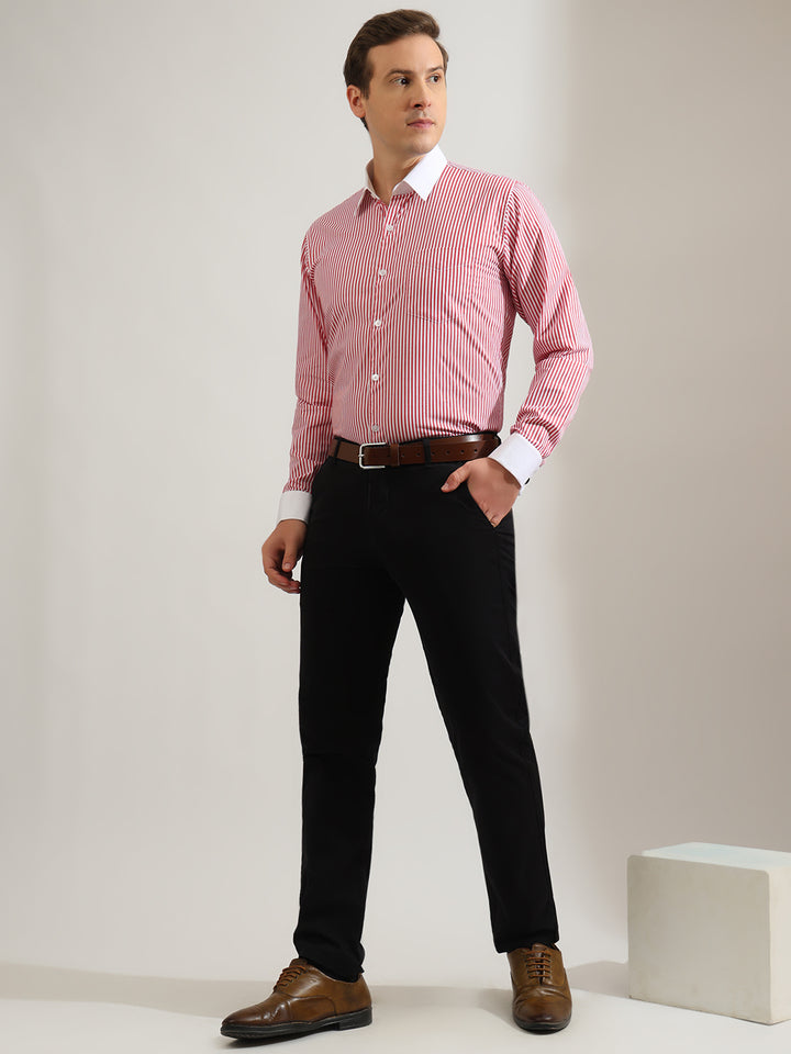 Hancock   Men   White & Red   Stripes   Pure Cotton   Slim Fit   Formal   Shirt