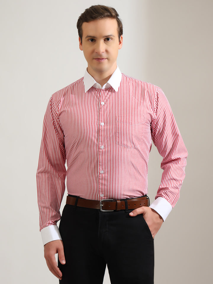 Hancock   Men   White & Red   Stripes   Pure Cotton   Slim Fit   Formal   Shirt