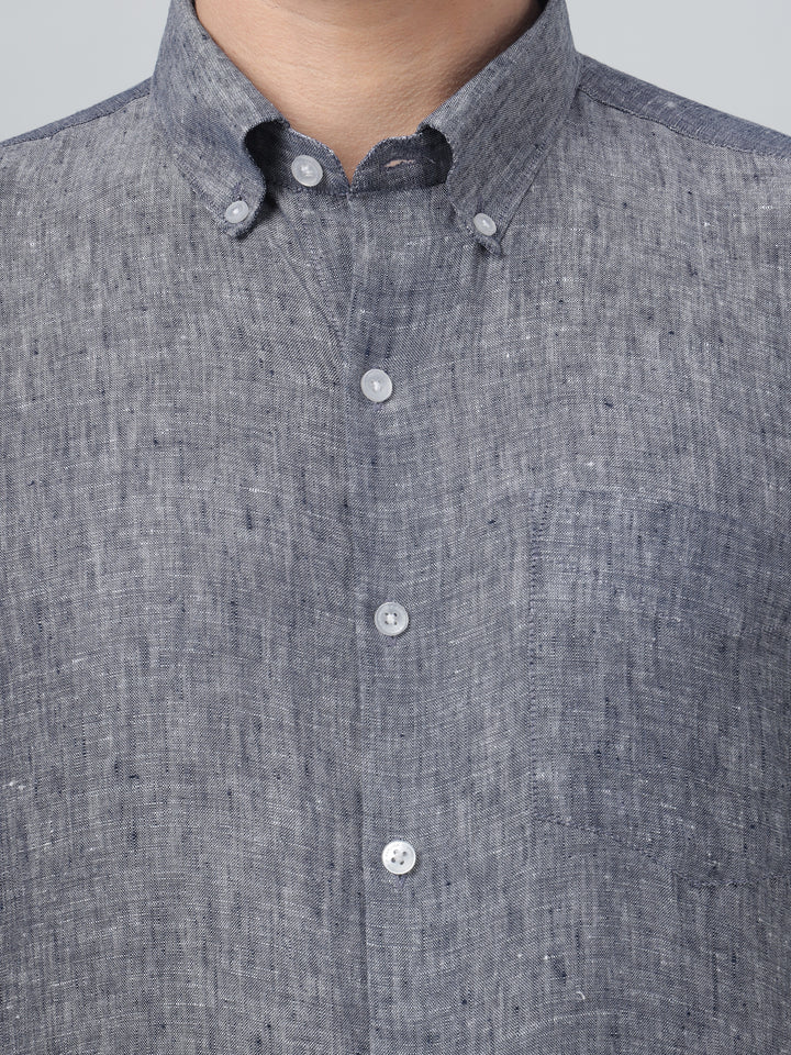 Hancock Men Navy Blue Solid Button-Down Collar Slim Fit Formal Shirt