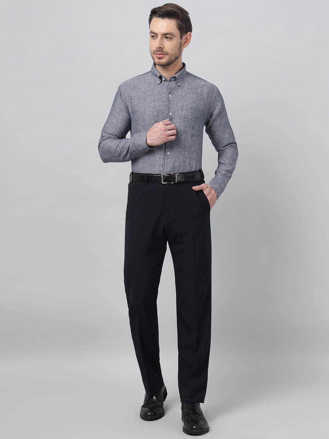 Hancock Men Navy Blue Solid Button-Down Collar Slim Fit Formal Shirt