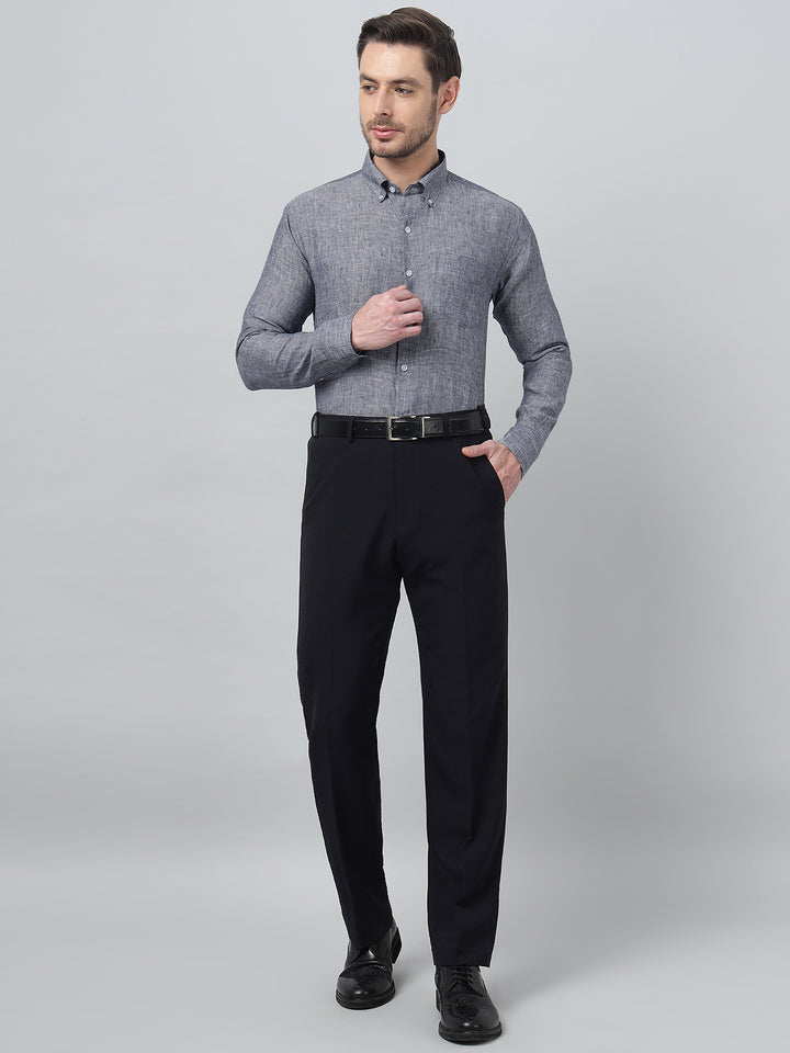 Hancock Men Navy Blue Solid Button-Down Collar Slim Fit Formal Shirt