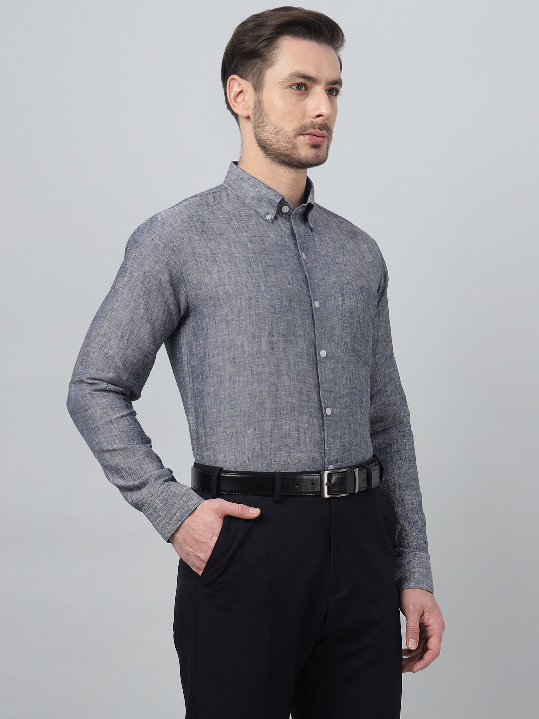 Hancock Men Navy Blue Solid Button-Down Collar Slim Fit Formal Shirt