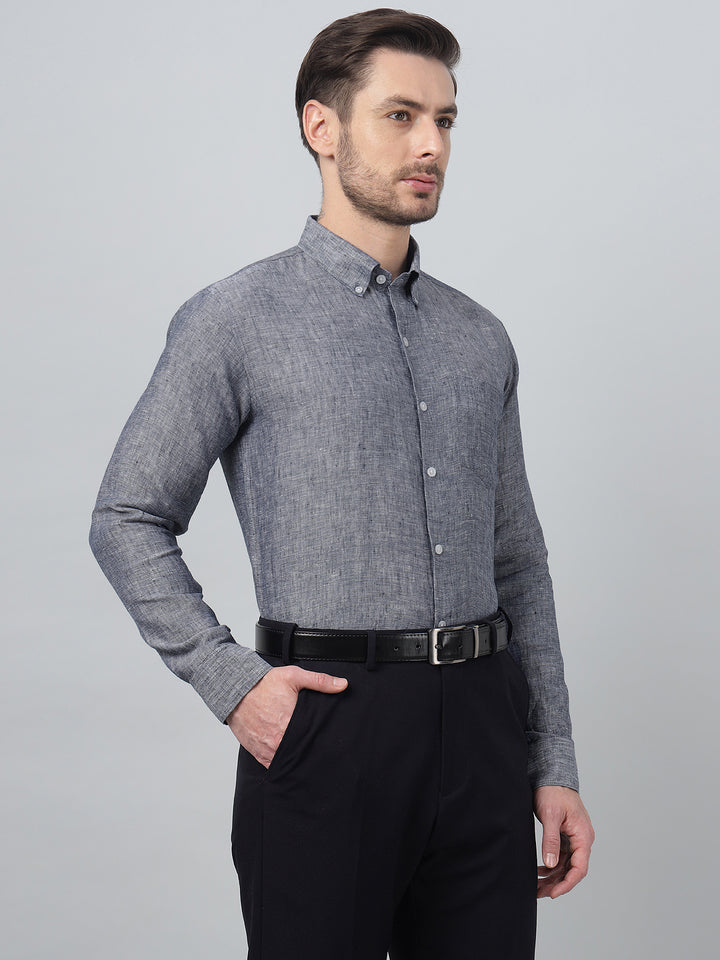 Hancock Men Navy Blue Solid Button-Down Collar Slim Fit Formal Shirt