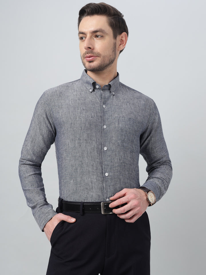 Hancock Men Navy Blue Solid Button-Down Collar Slim Fit Formal Shirt