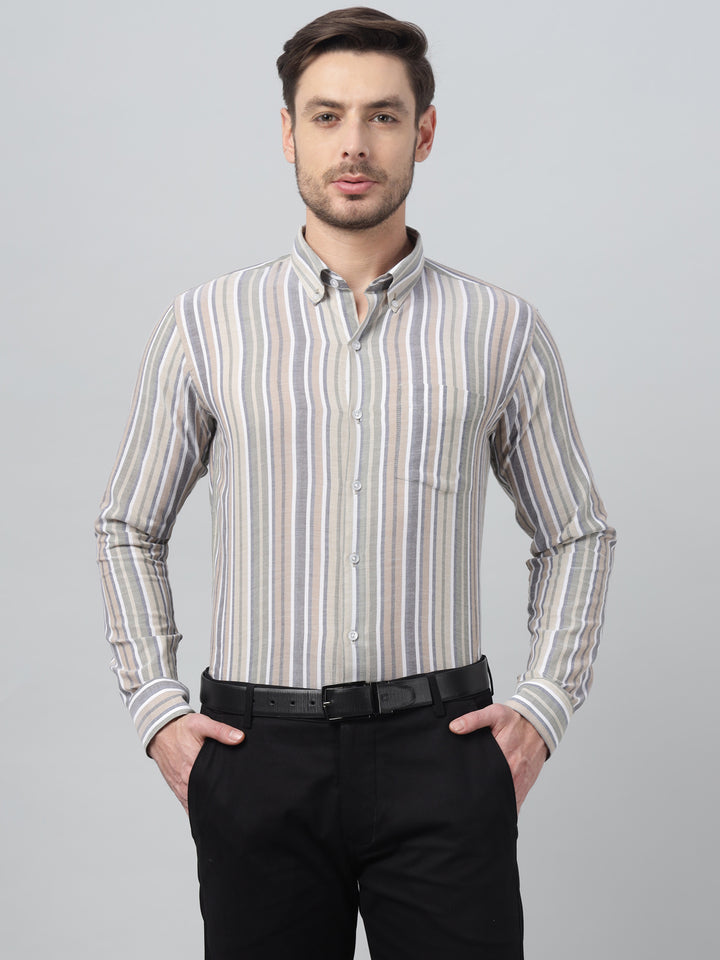 Hancock Men Beige & Green Stripe Spread Collar Slim Fit Formal Shirt