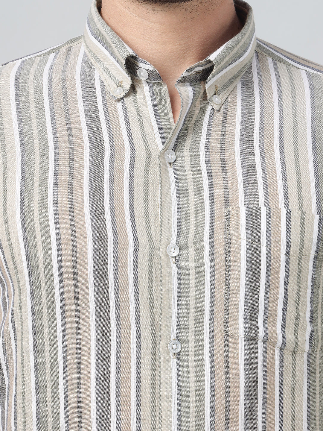 Hancock Men Beige & Green Stripe Spread Collar Slim Fit Formal Shirt