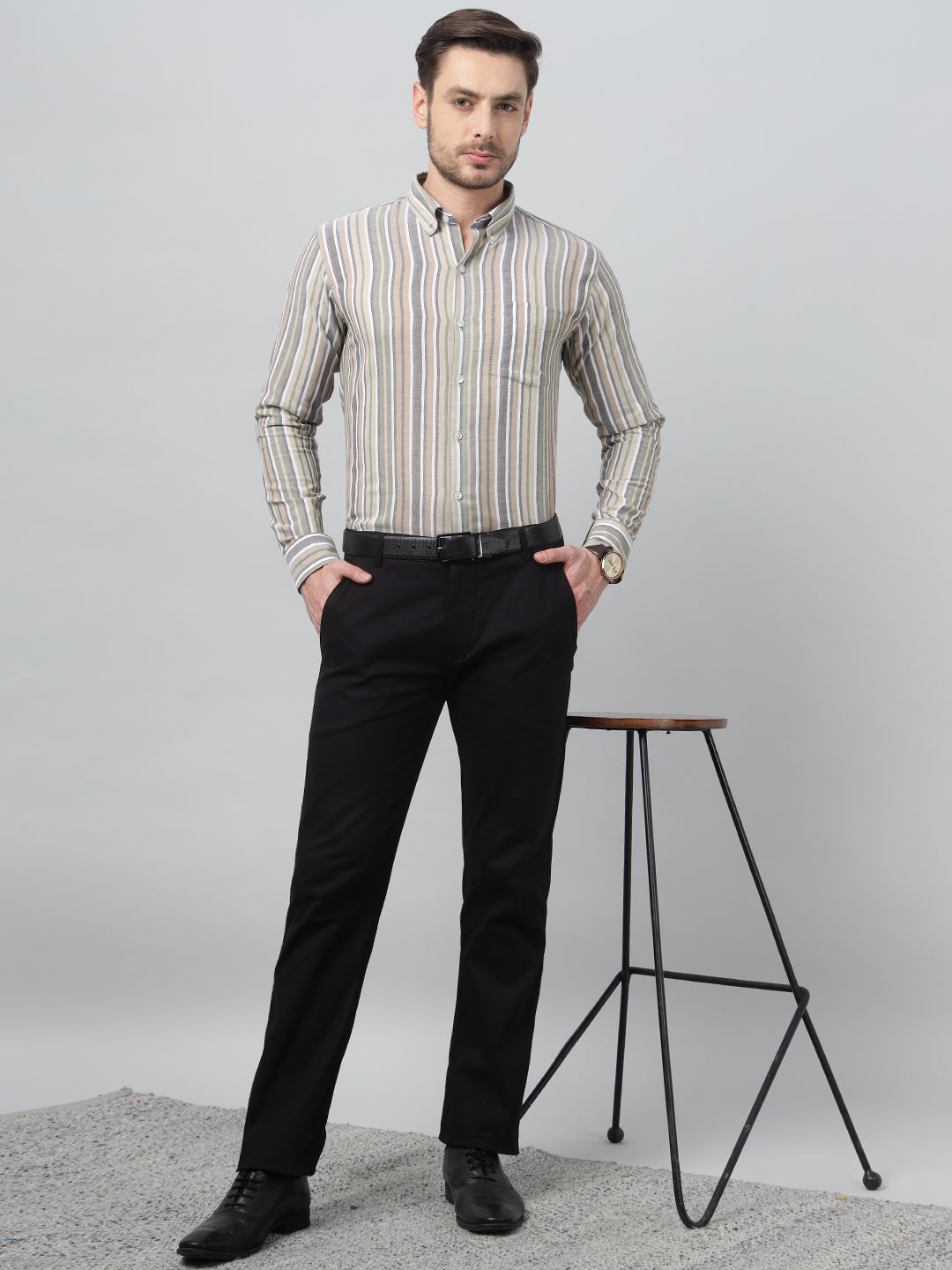 Hancock Men Beige & Green Stripe Spread Collar Slim Fit Formal Shirt