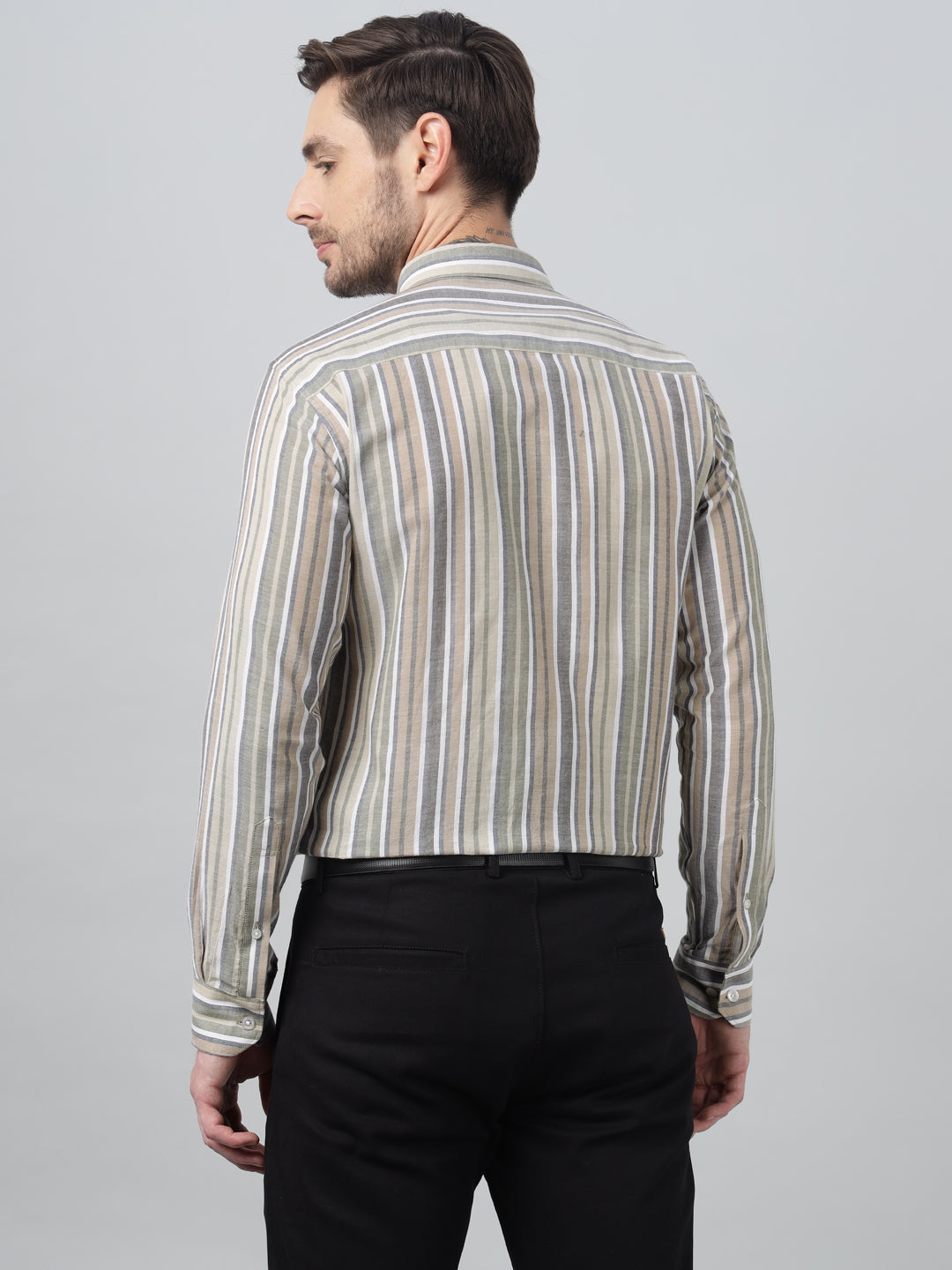 Hancock Men Beige & Green Stripe Spread Collar Slim Fit Formal Shirt