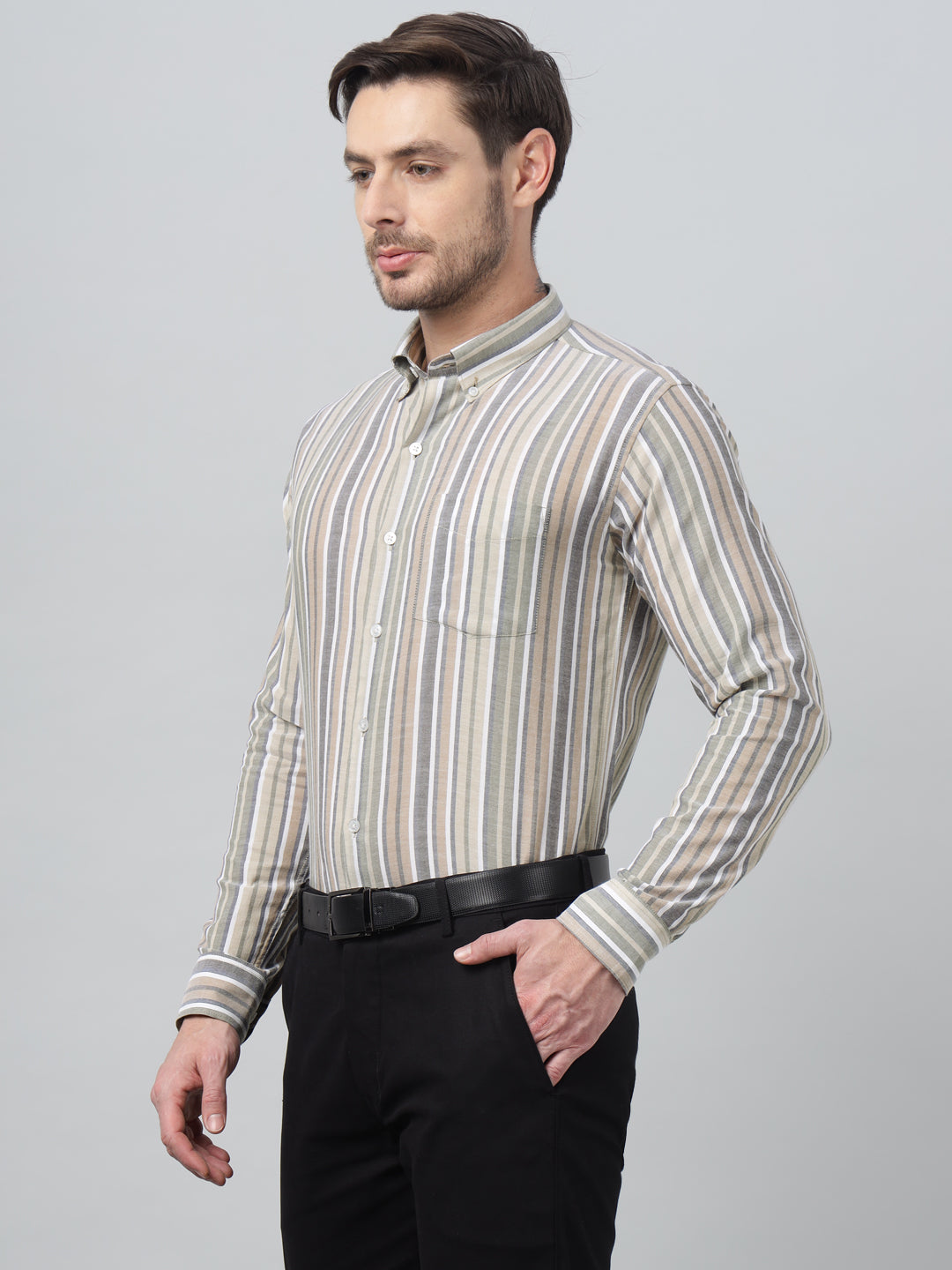 Hancock Men Beige & Green Stripe Spread Collar Slim Fit Formal Shirt