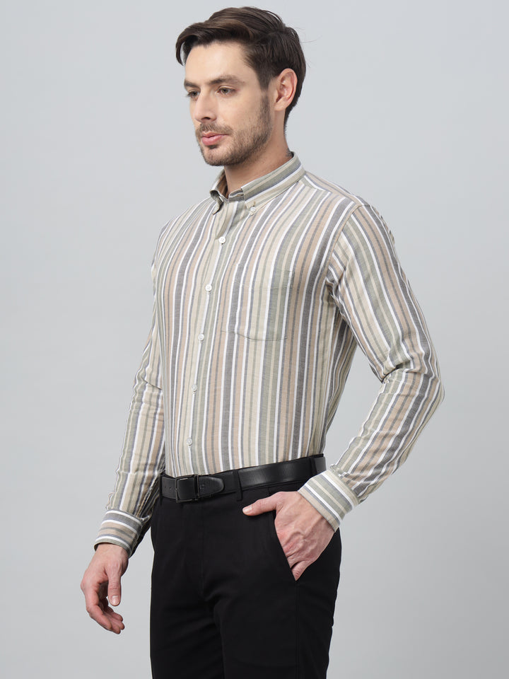 Hancock Men Beige & Green Stripe Spread Collar Slim Fit Formal Shirt