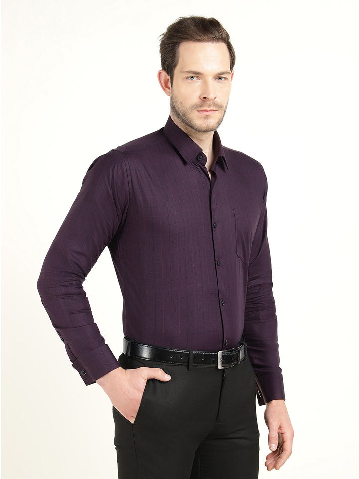 Hancock Men Burgundy Checked Cotton Stretch French Cuff Slim Fit Formal Shirt