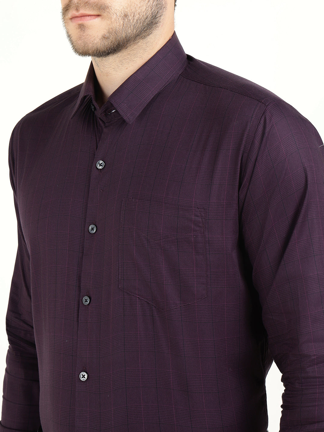 Hancock Men Burgundy Checked Cotton Stretch French Cuff Slim Fit Formal Shirt