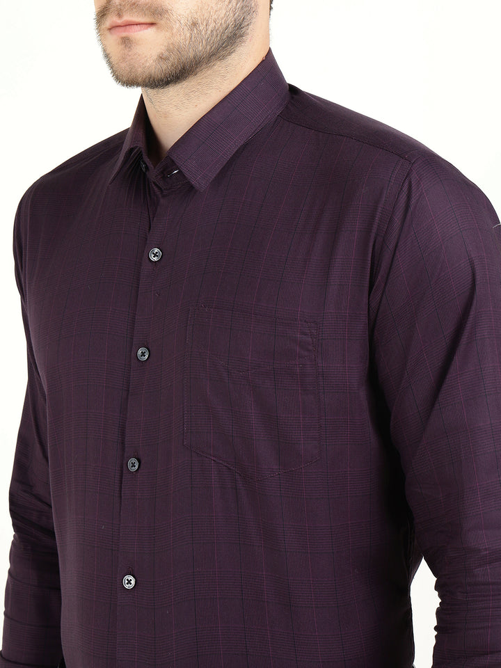 Hancock Men Burgundy Checked Cotton Stretch French Cuff Slim Fit Formal Shirt