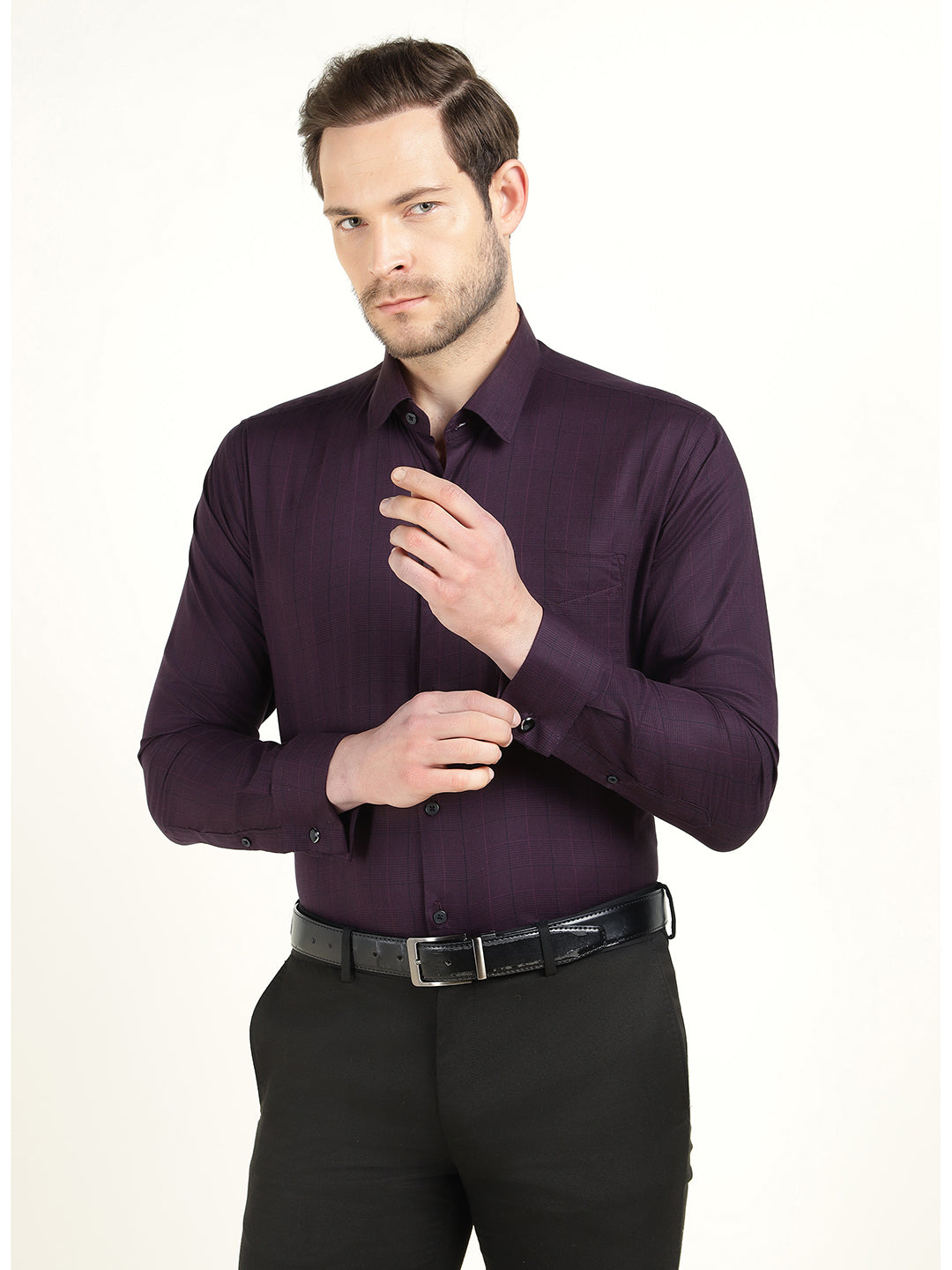 Hancock Men Burgundy Checked Cotton Stretch French Cuff Slim Fit Formal Shirt