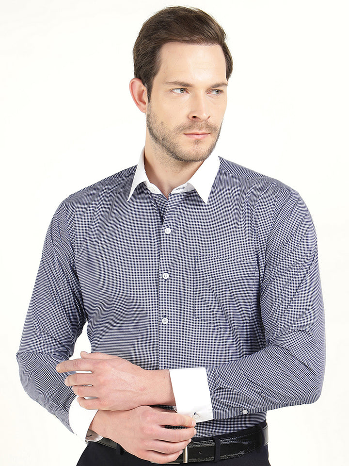 Hancock Men White-Navy Micro Checked Cotton Stretch Slim Fit Formal Shirt