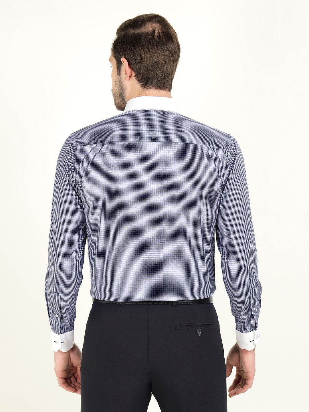 Hancock Men White-Navy Micro Checked Cotton Stretch Slim Fit Formal Shirt