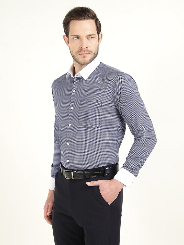 Hancock Men White-Navy Micro Checked Cotton Stretch Slim Fit Formal Shirt