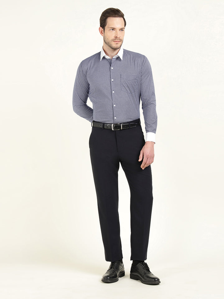 Hancock Men White-Navy Micro Checked Cotton Stretch Slim Fit Formal Shirt