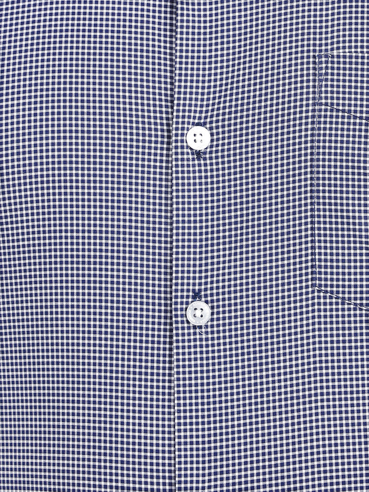 Hancock Men White-Navy Micro Checked Cotton Stretch Slim Fit Formal Shirt