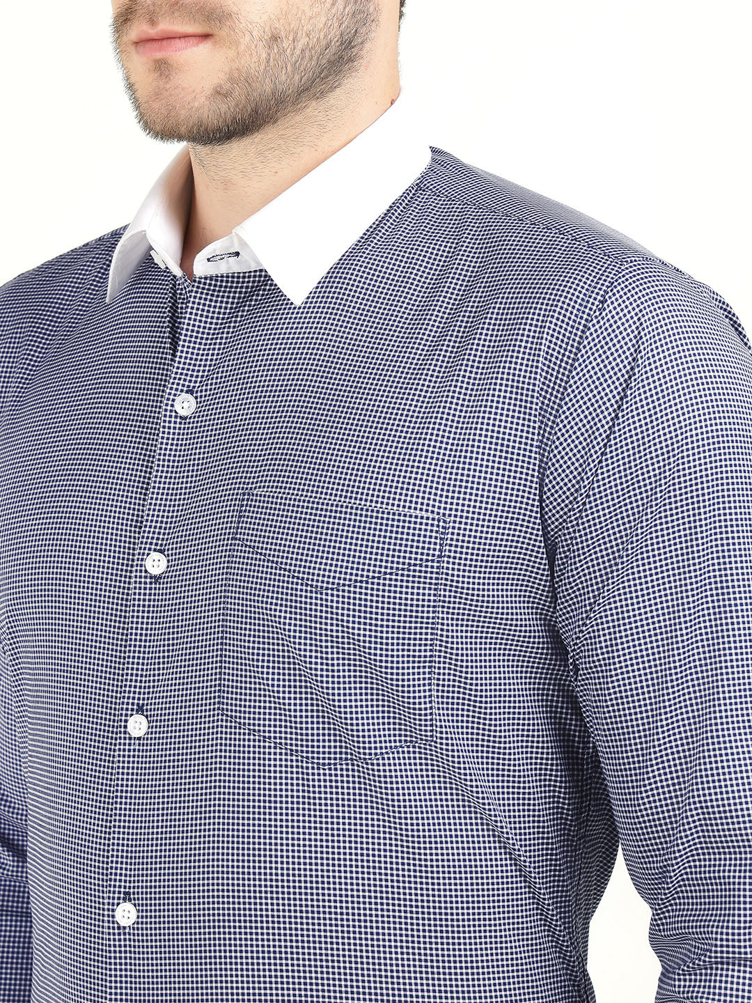 Hancock Men White-Navy Micro Checked Cotton Stretch Slim Fit Formal Shirt