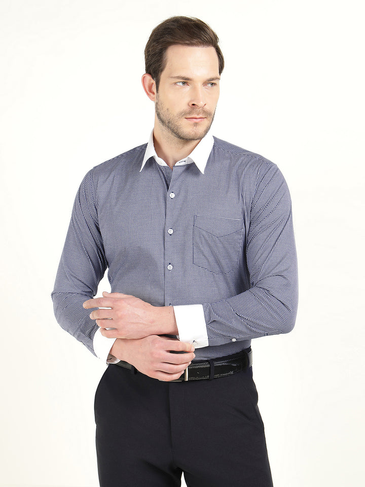 Hancock Men White-Navy Micro Checked Cotton Stretch Slim Fit Formal Shirt