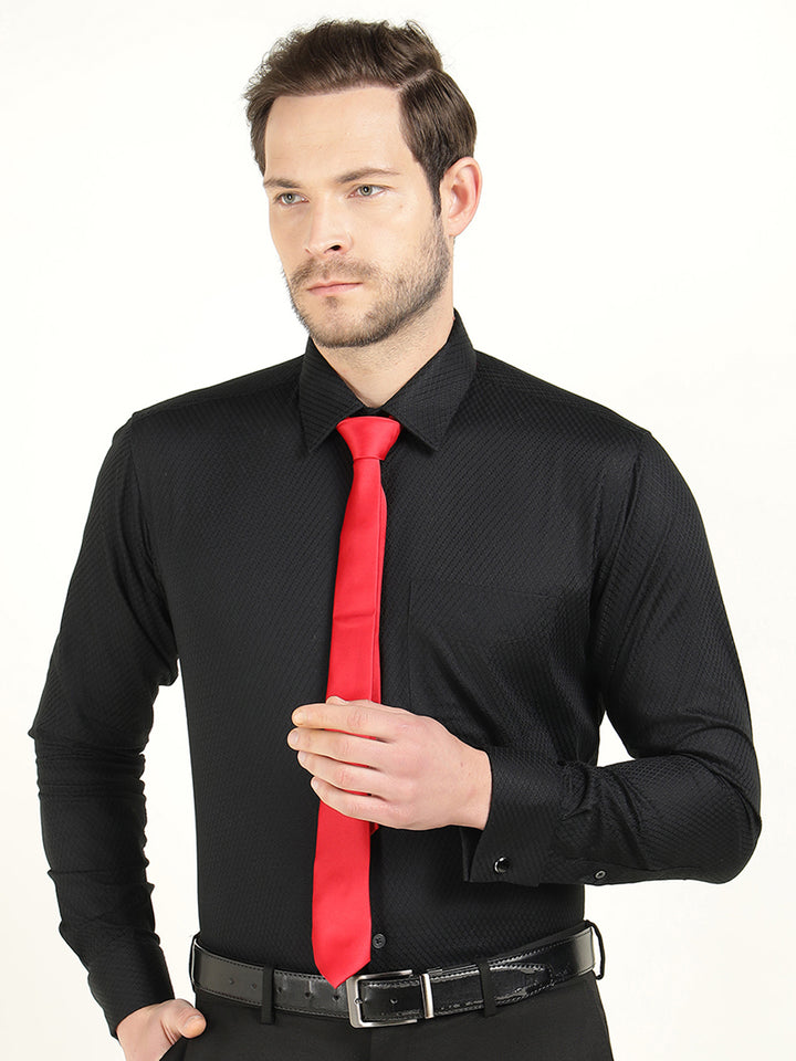 Hancock Men Black Dobby French Cuff Pure Cotton Slim Fit Formal Shirt