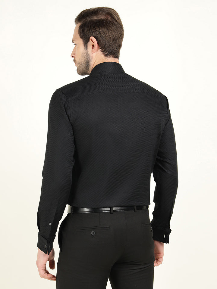 Hancock Men Black Dobby French Cuff Pure Cotton Slim Fit Formal Shirt
