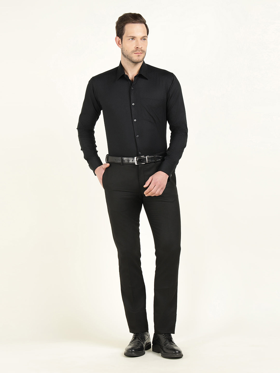 Hancock Men Black Dobby French Cuff Pure Cotton Slim Fit Formal Shirt